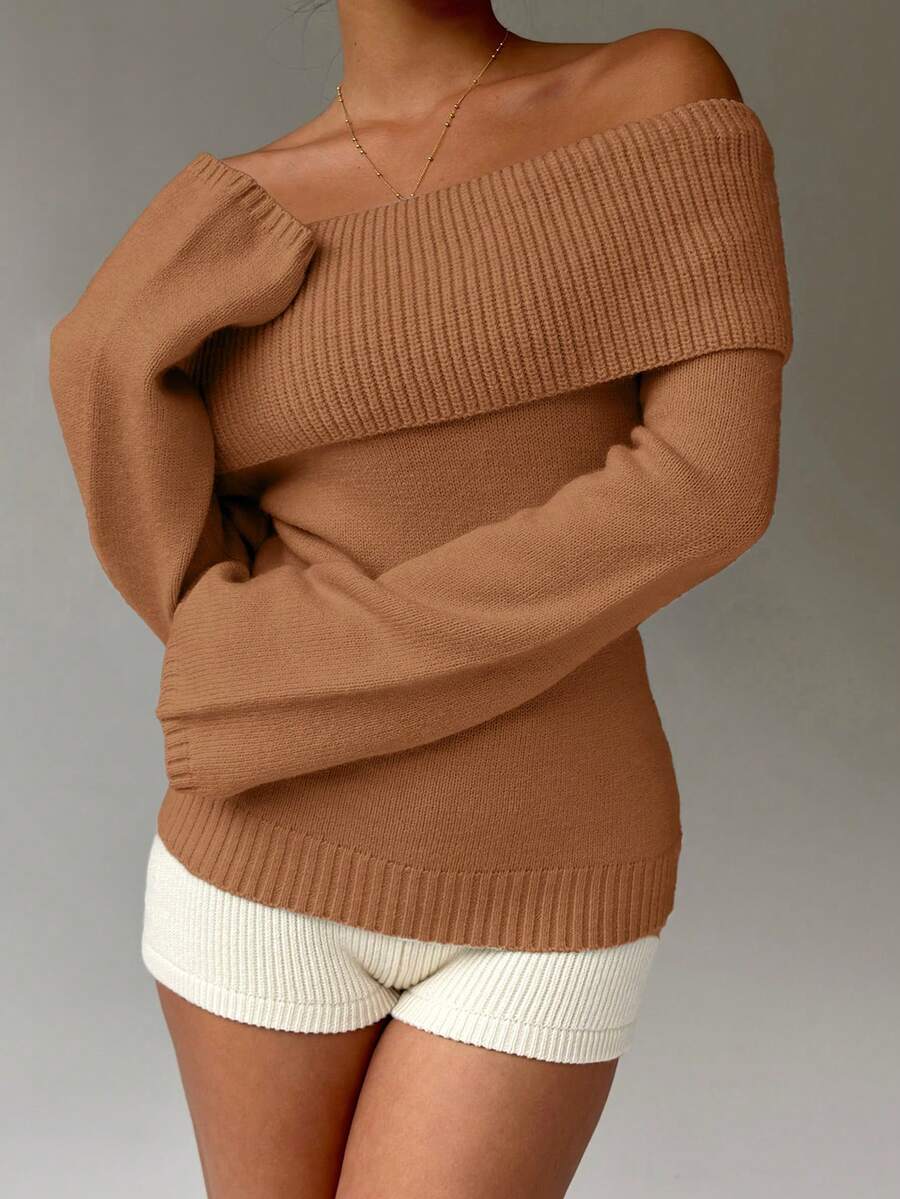Off Shoulder Foldover Ribbed Knit Jumper
