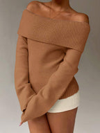 Off Shoulder Foldover Ribbed Knit Jumper