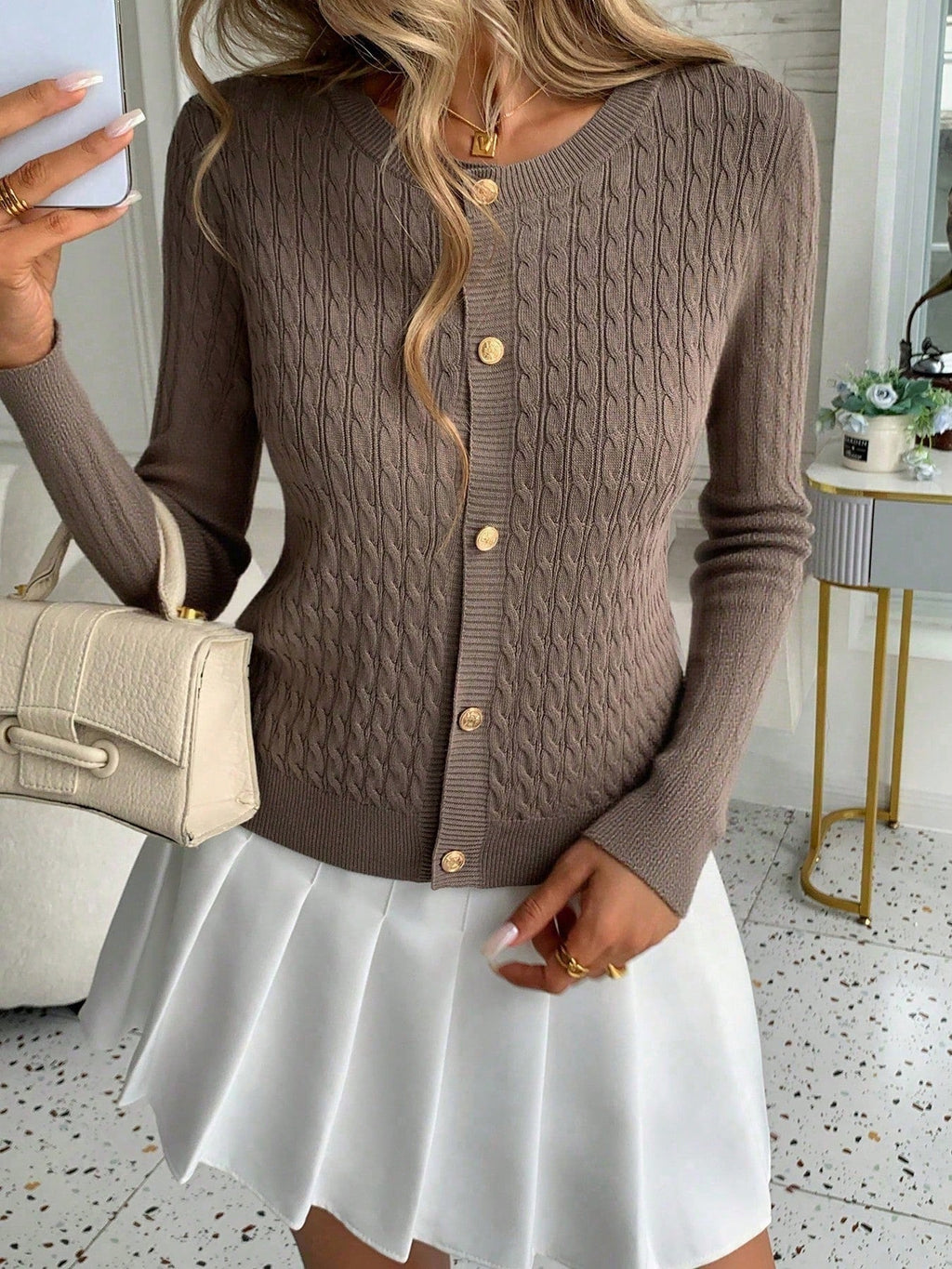 Taupe Cable Knit Cardigan