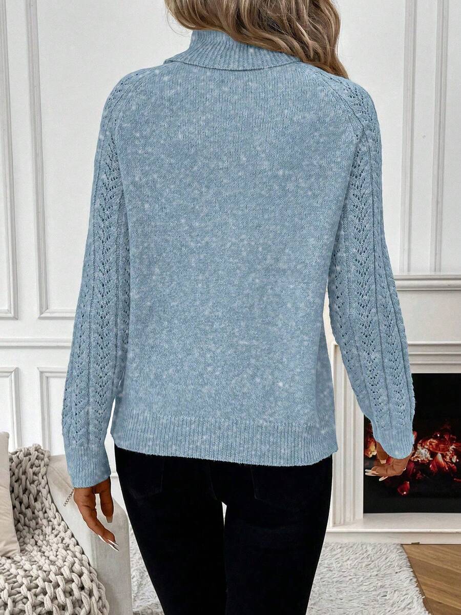 White Pointelle Hollow Out Raglan Sleeve Pullover Sweater Cozy Winter Casual Knit For Daily Wear