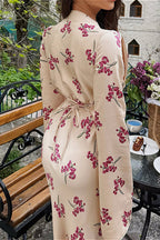 Satin V Neck Long Sleeve Tie Waist Elegant Maxi Floral Dress