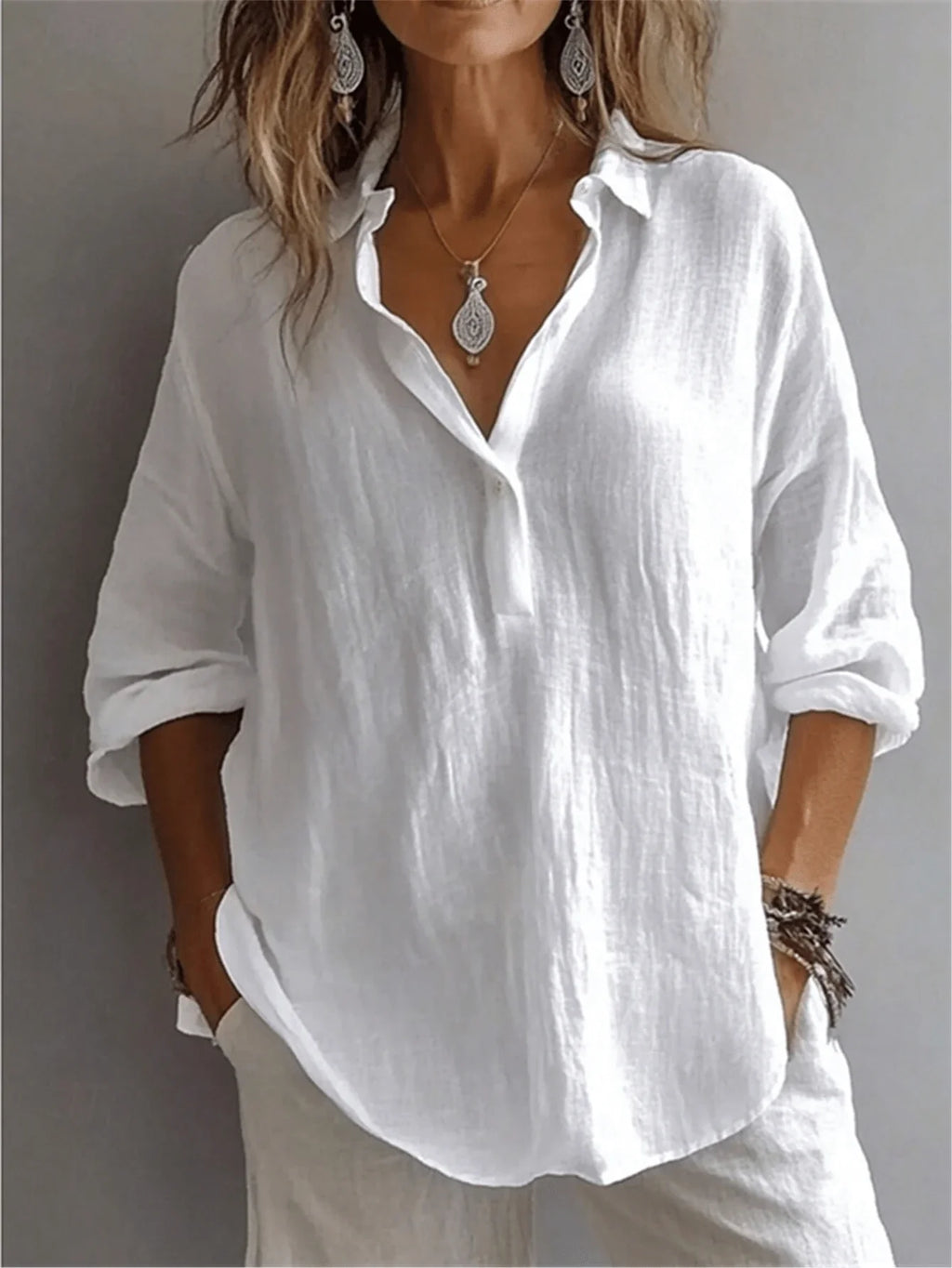 Plus Size Bishop Sleeve Button Front Shirt
