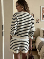 Business Casual Striped Tweed Belted Jacket And Knit Shorts Set For Women White Cardigan
