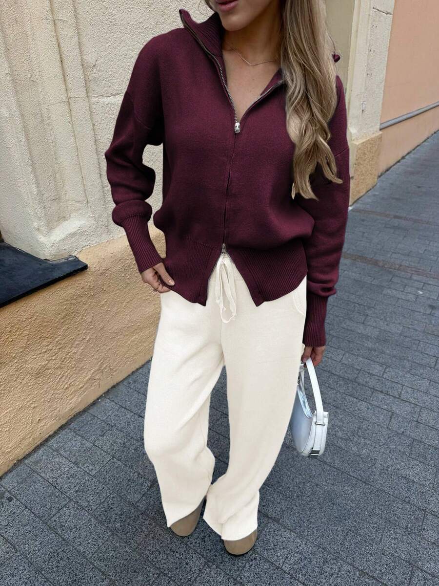 Winter Hooded Zip Up Cardigan For Women With Double Zipper Long Sleeve Casual Office Daily Wear