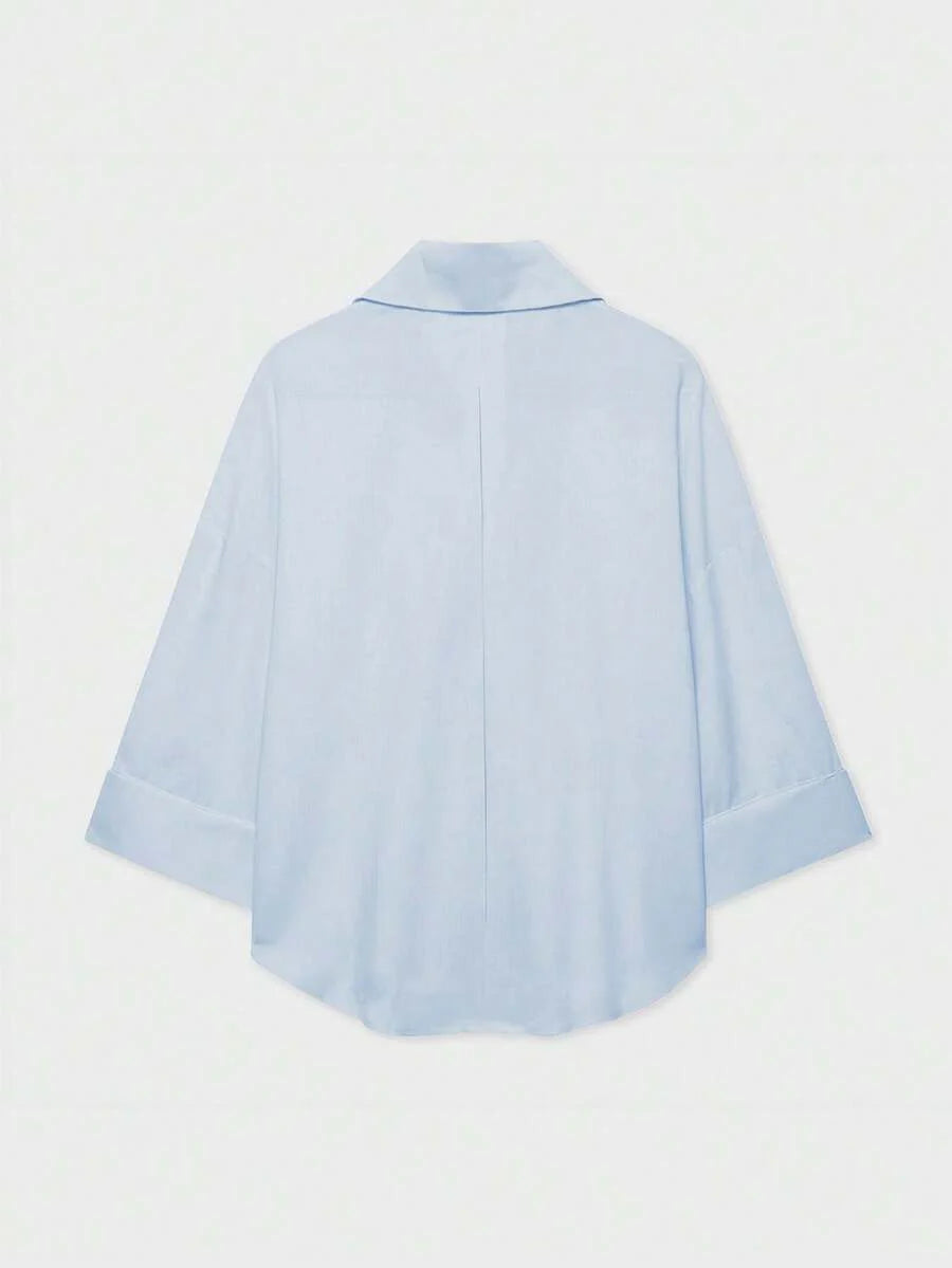 Sky Blue Button Front Shirt For Women Casual Office Everyday Wear Versatile Daily Shirt