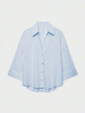 Sky Blue Button Front Shirt For Women Casual Office Everyday Wear Versatile Daily Shirt