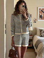 Business Casual Striped Tweed Belted Jacket And Knit Shorts Set For Women White Cardigan