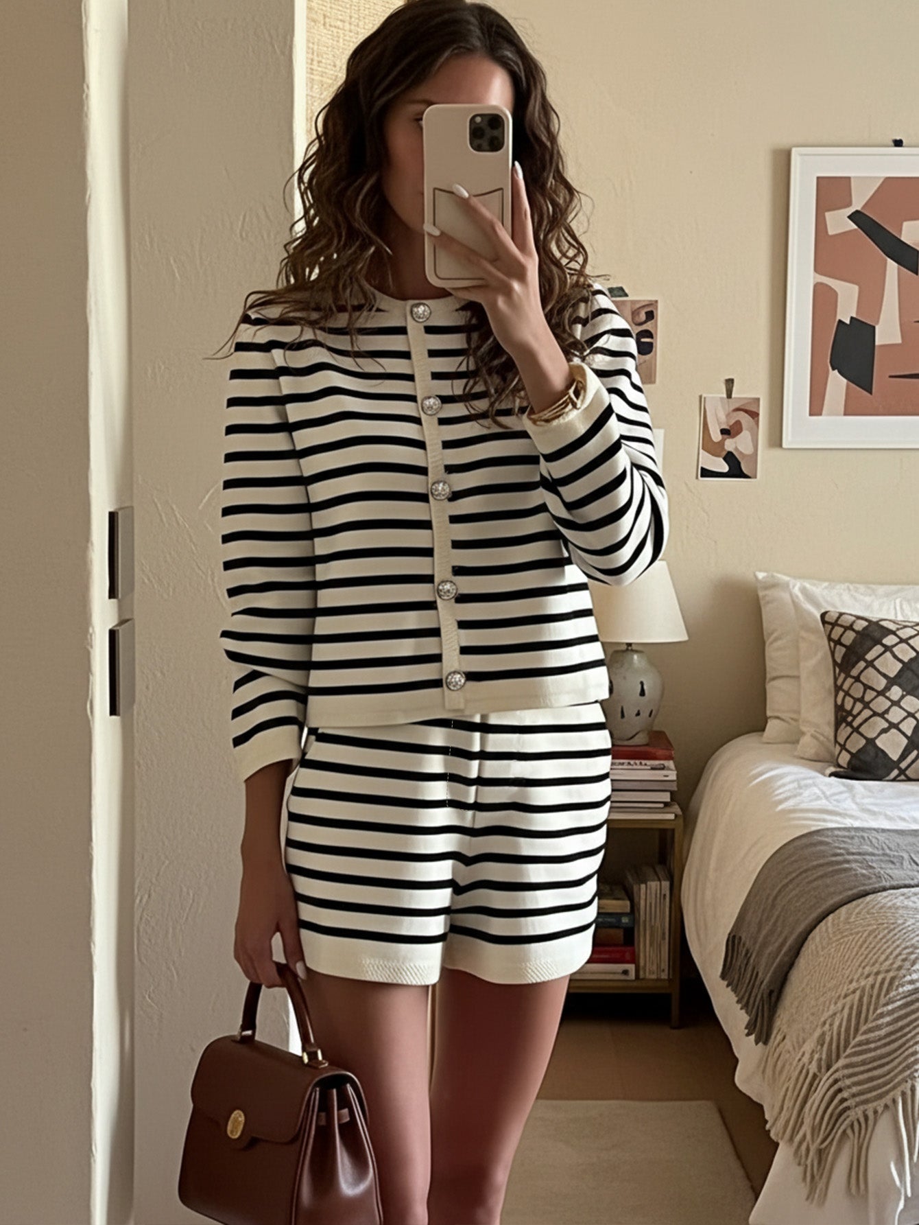 Business Casual Striped Tweed Belted Jacket And Knit Shorts Set For Women White Cardigan