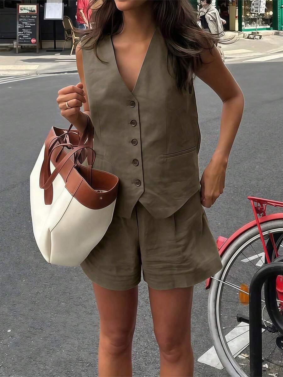 Women Casual 2 Piece Vest And Shorts Set Solid Color Khaki Beachwear Commuter Style