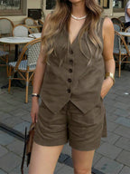 Women Casual 2 Piece Vest And Shorts Set Solid Color Khaki Beachwear Commuter Style