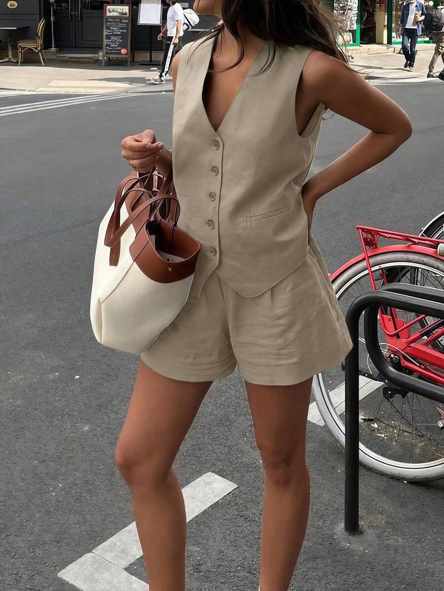 Women Casual 2 Piece Vest And Shorts Set Solid Color Khaki Beachwear Commuter Style