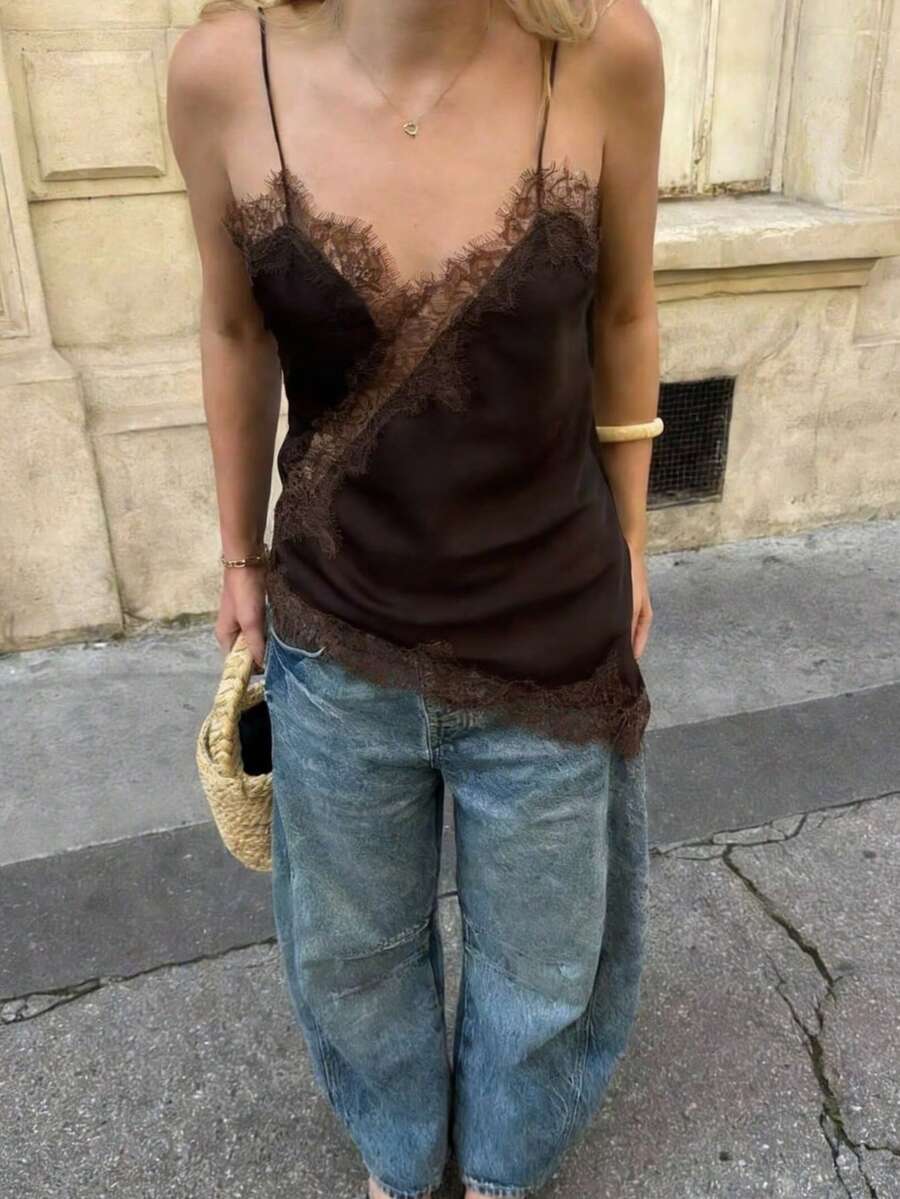 Contrast Lace Spaghetti Strap Top