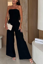 Linen Blend Solid Color Off-the-shoulder Pleated Casual Pocket Wide-leg Jumpsuit