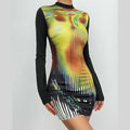 Contrast print long sleeve high neck patchwork mini dress