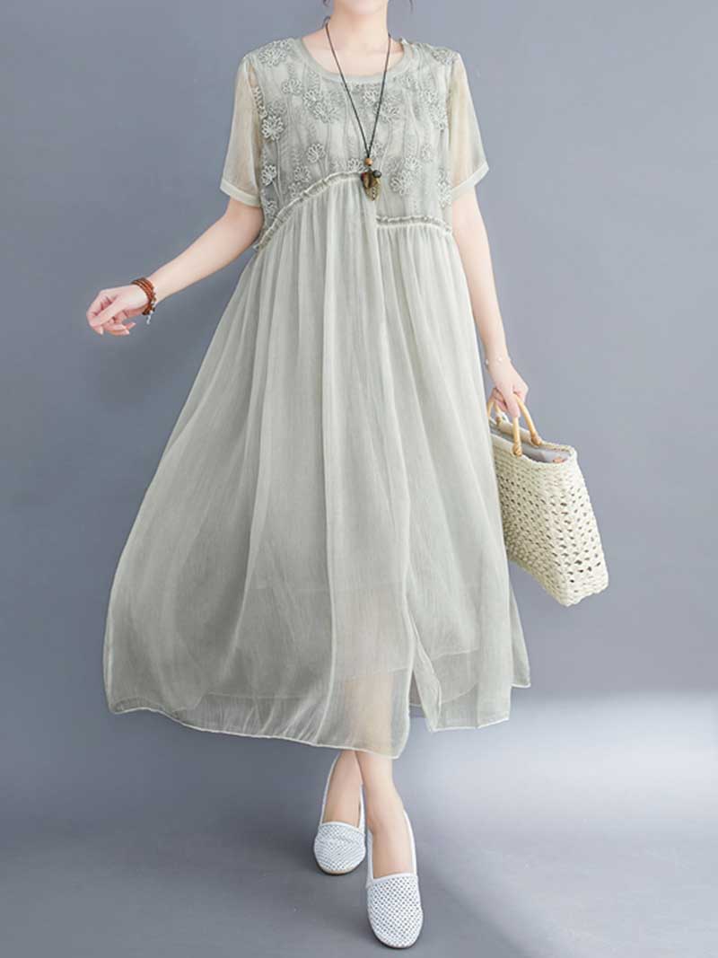 Embroidered Silk Round-Neck A-Line Dress