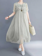Embroidered Silk Round-Neck A-Line Dress