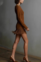 Stylish Suede Round Neck Long Sleeve Slim Fit Tassel Mini Dress