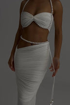 Imalia Stretch Mesh Pearl Trim Gathered Tank and Detachable Belt Vacation Maxi Skirt Set