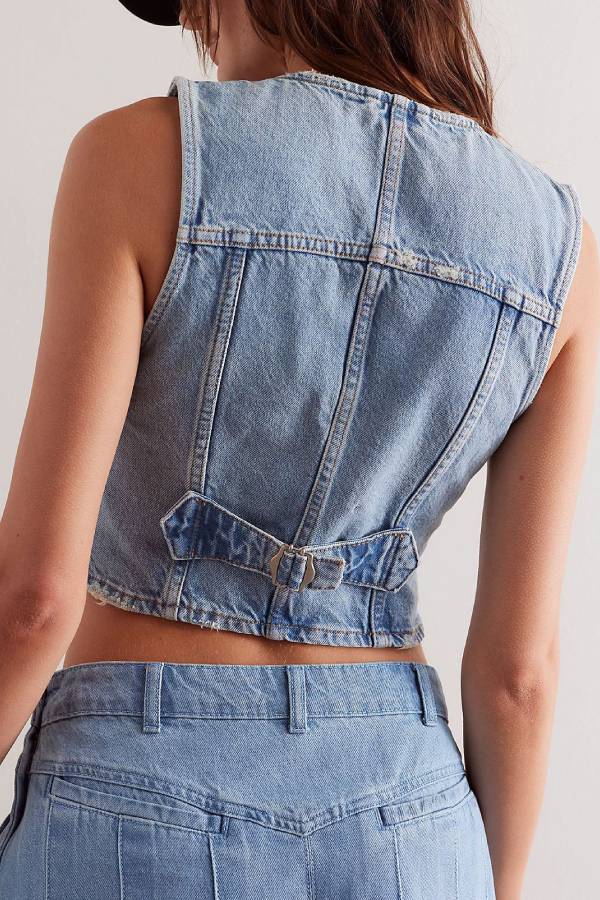 Vintage Distressed Waist-Cinched Sleeveless Denim Vest