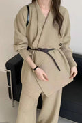 Loose Knit Big Collar Coat Wide-Leg Pants Two Piece Set
