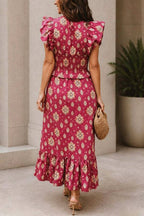 Emilia Unique Print Flutter Sleeve Smocked Top and Elastic Waist Maxi Skirt Set