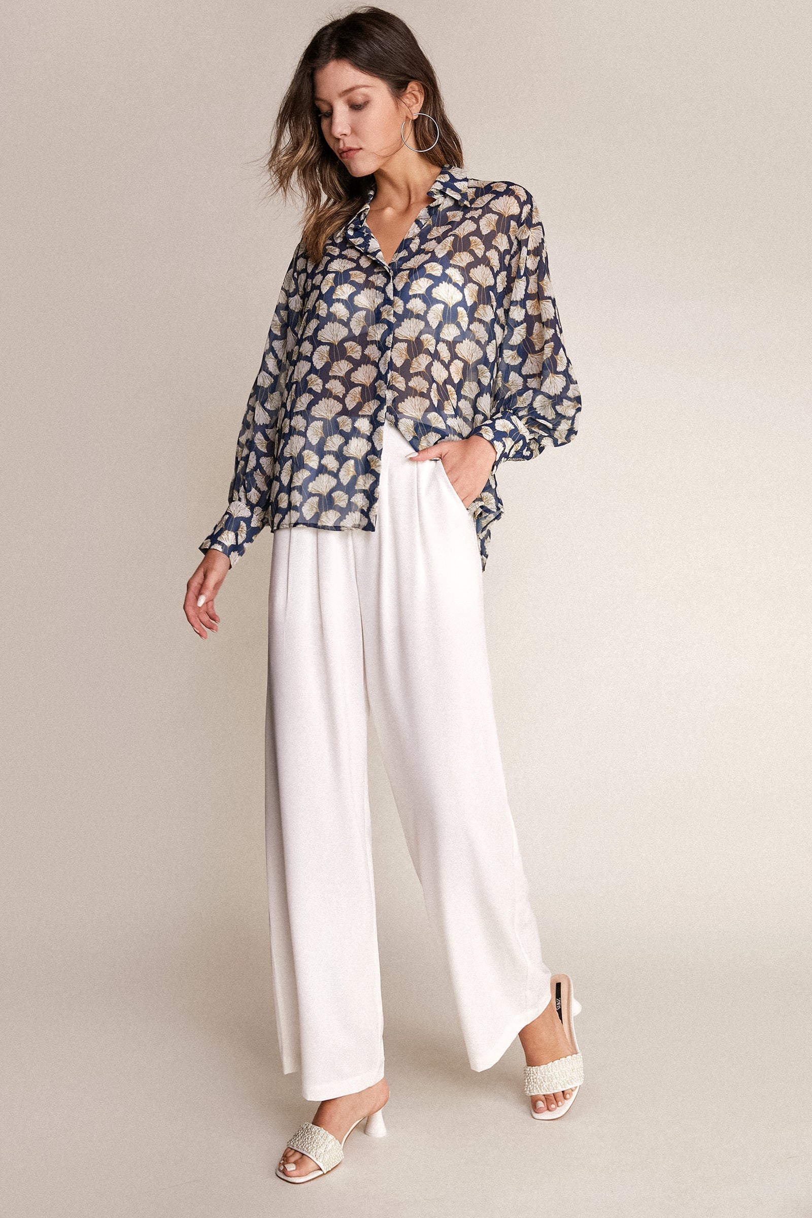 Dark Blue Leaf Print Button-Up Shirt