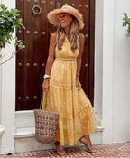 Deep V Plunge Sleeveless Chiffon Dress Stitching Midi Dress
