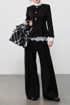 Black Pleated Waist Elegant Wool Coat