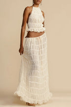 Versatile retro charm pleated drawstring waistline long skirt set