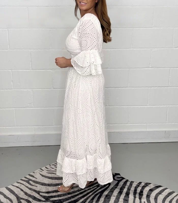 Embroidery Frill Sleeve Midi Dress