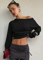 Off-Shoulder Cropped Knit Sweater – Minimalist Elegance