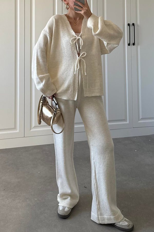 Solid Color V-neck Tie Long-sleeved Loose Knit Cardigan and Elastic Waist Casual Straight Leg Pants Set