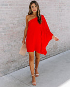 Side To Side One Shoulder Statement Dress Tomato Red