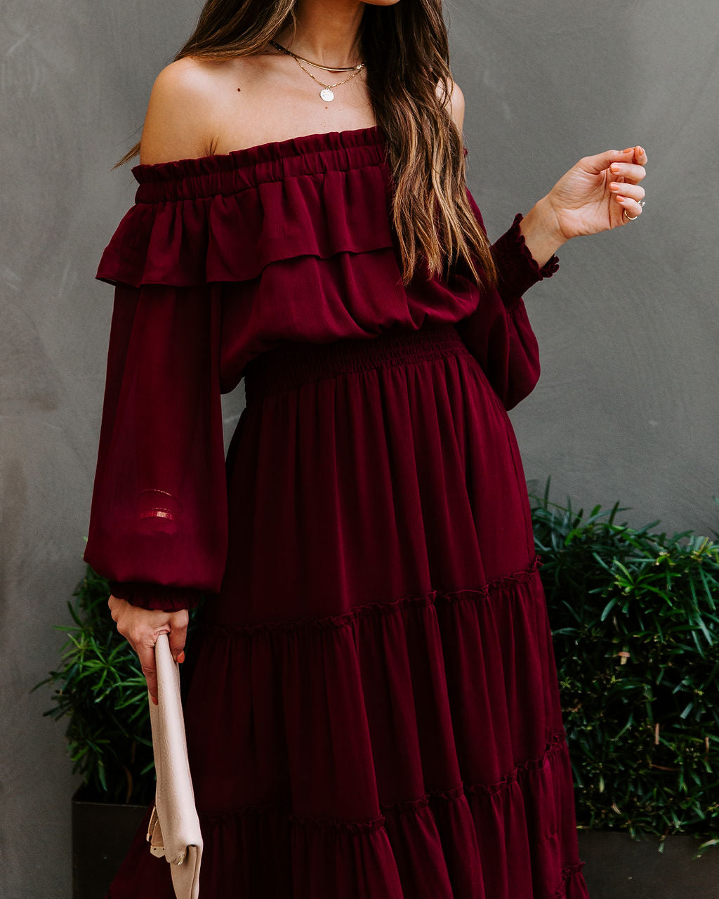 Alicia Off The Shoulder Tiered Midi Dress Burgundy