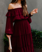 Alicia Off The Shoulder Tiered Midi Dress Burgundy