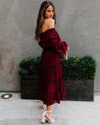 Alicia Off The Shoulder Tiered Midi Dress Burgundy