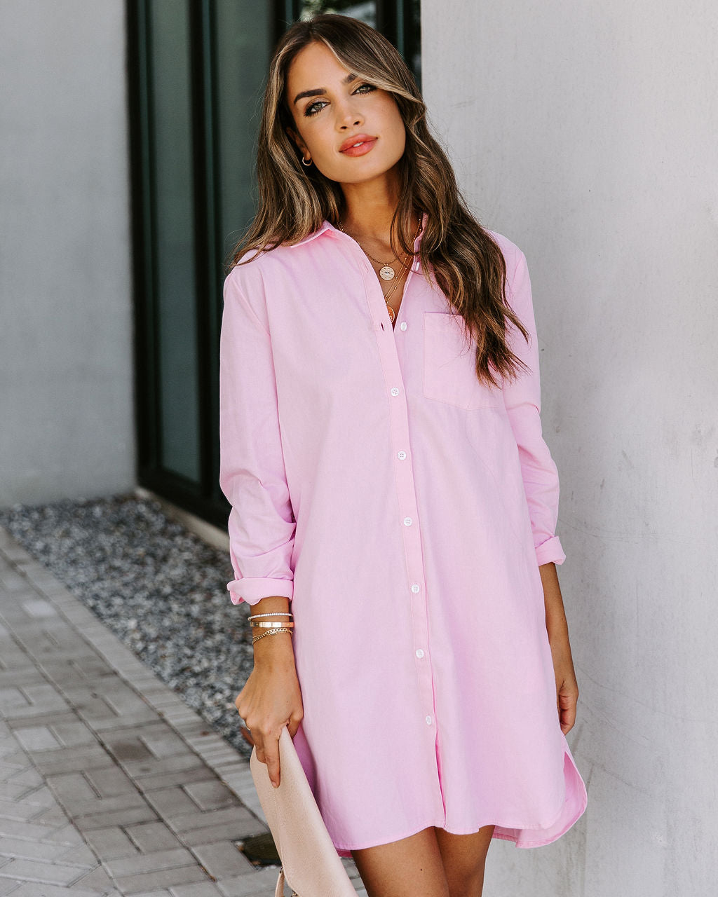 Risky Business Pocketed Button Down Shirt Dress Pink