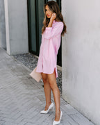 Risky Business Pocketed Button Down Shirt Dress Pink