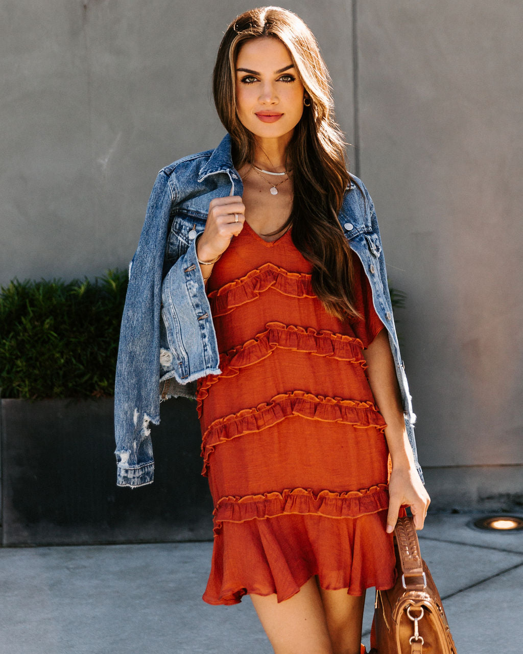 Let's Tango Pocketed Ruffle Dress Terracotta