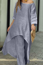 Linen Asymmetrical Long Top + Wide-Leg Pants Set