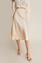Ivory Satin High Rise A-Line Midi Skirt