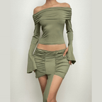 Ruched off shoulder long sleeve solid ribbon mini dress