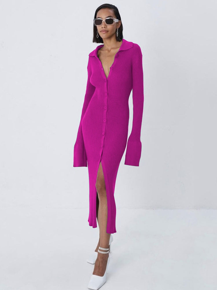 Long Cardigan Knit V - Neck Sweater Dress