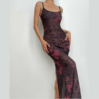 Flower print u neck contrast ruched slit backless cami maxi dress