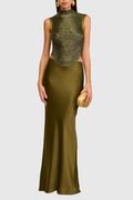Fedde Fringe Satin Skirt Set In Olive