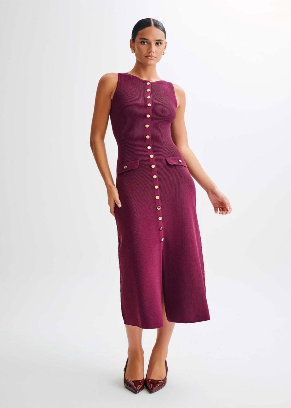 Juliette Ribbed Knit Button Midi Dress