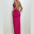 Flower applique cowl neck backless solid maxi dress