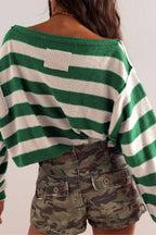 Striped Print Crew Neck Long Sleeve Loose Knitted Sweater