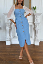 Briena Denim Square Neck Polka Dot Puff Sleeve Button Pocket Midi Dress