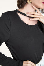 Black Long Sleeve Asymmetric Cut Out Top